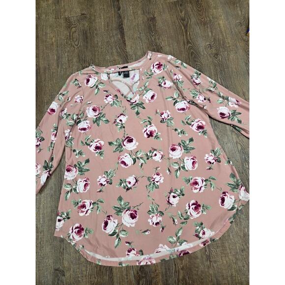 Kristin Nicole Mauve Blush Roses Floral V Neck Tunic Blouse Plus Size 2X - Picture 1 of 2